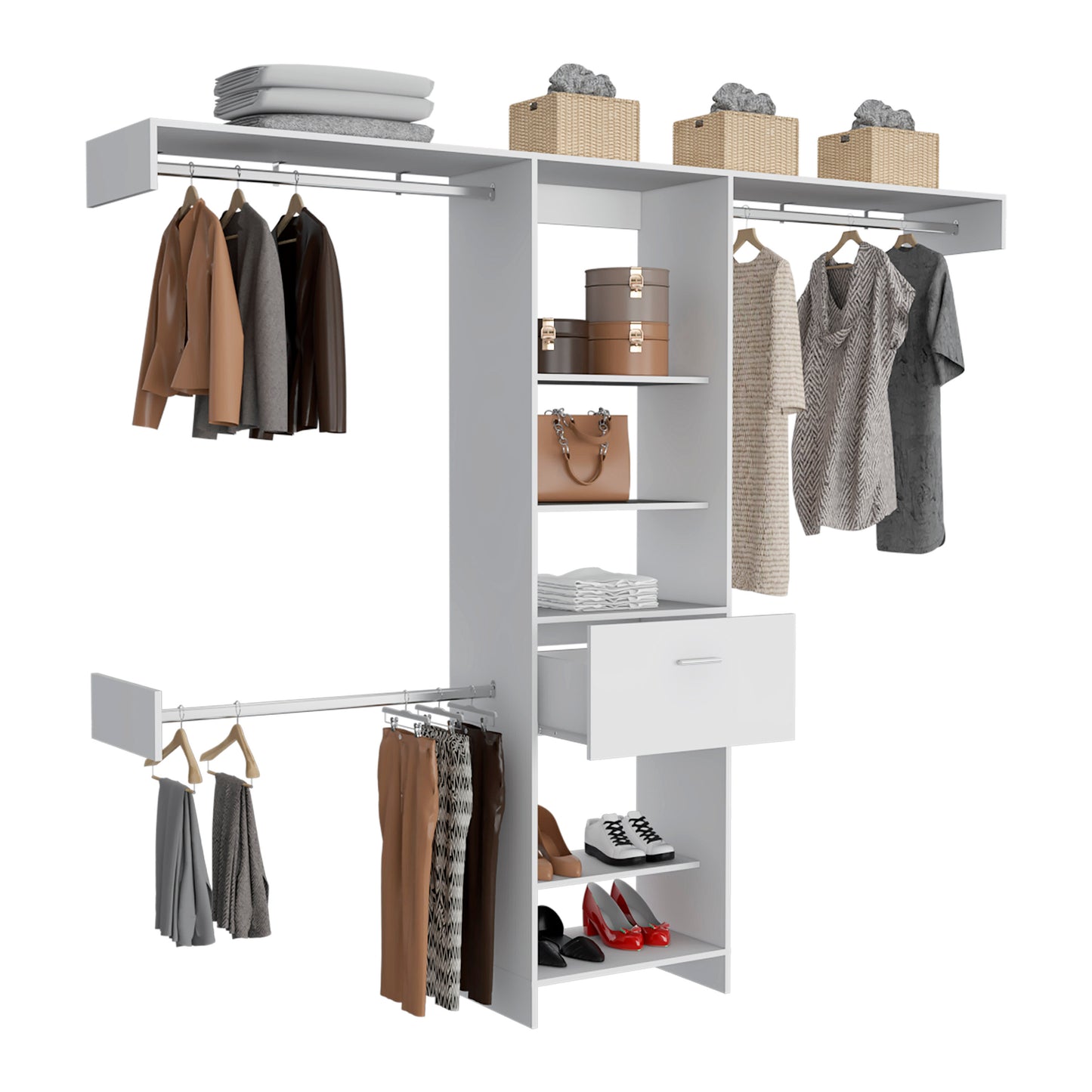 White modular closet system with hanging garments and folded linens