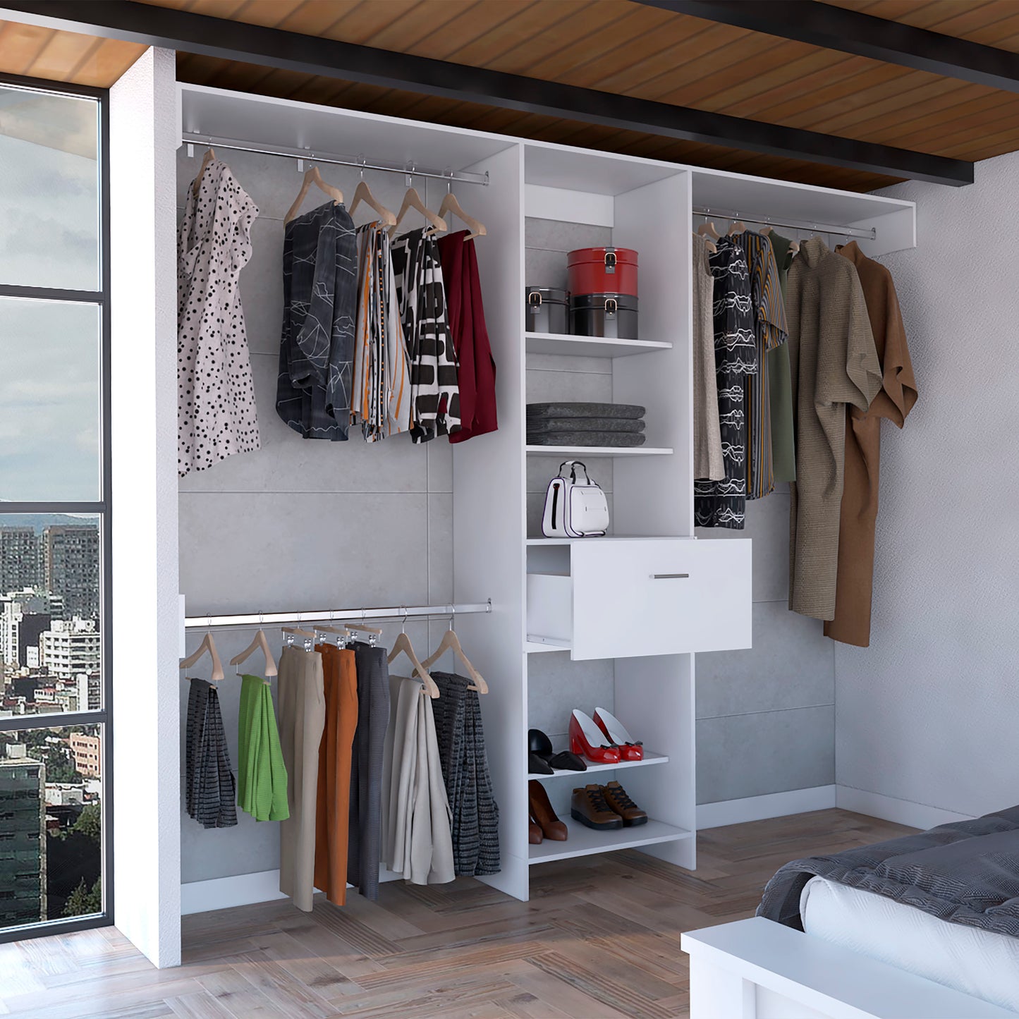 White modular closet system with hanging clothes and shelves