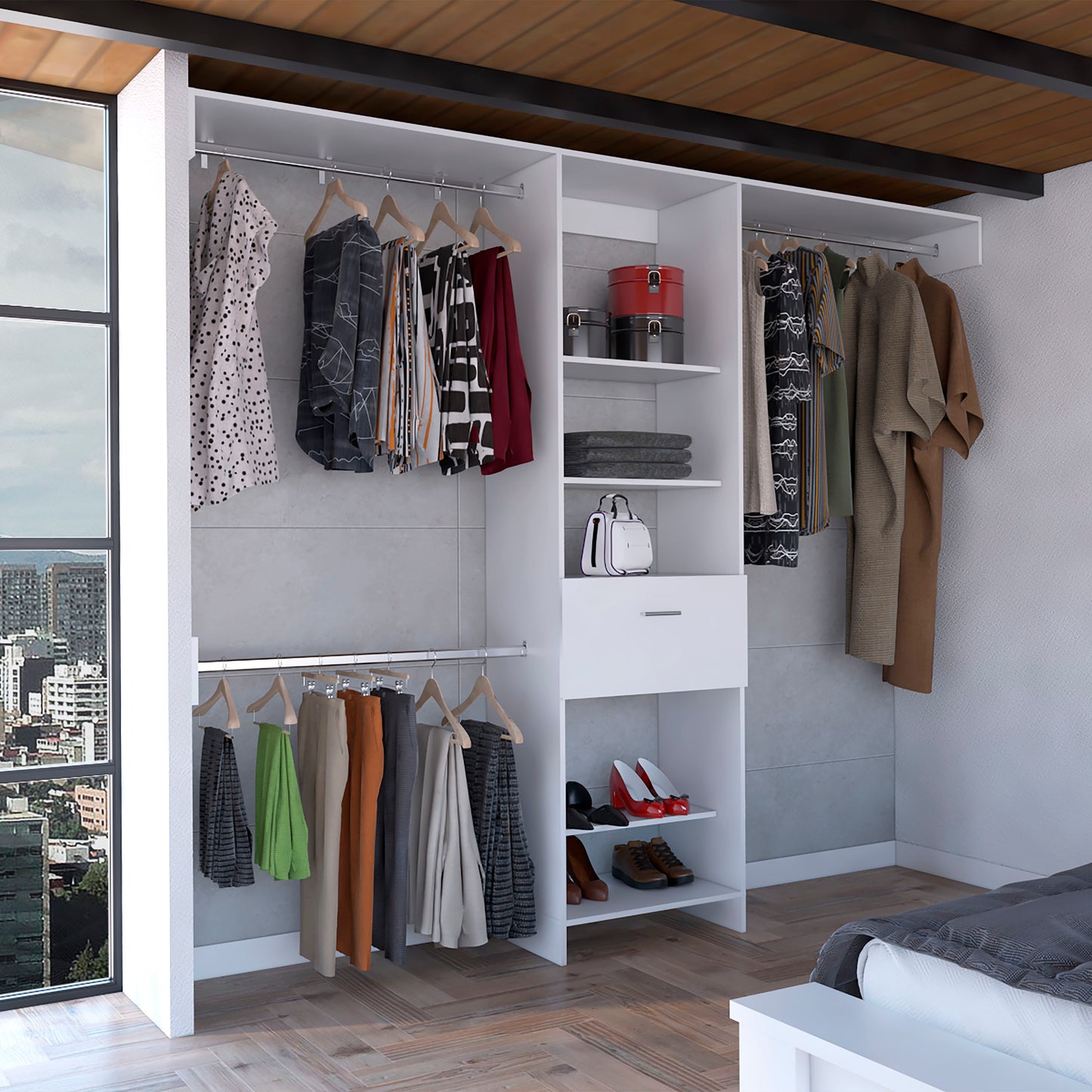 White modular closet system with hanging clothes and shelves