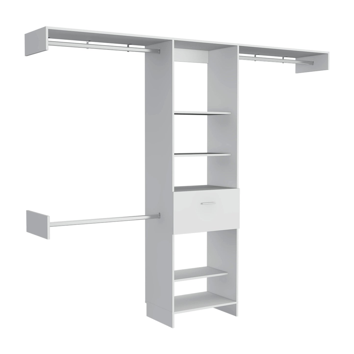 White modular closet system with shelves and hanging rod
