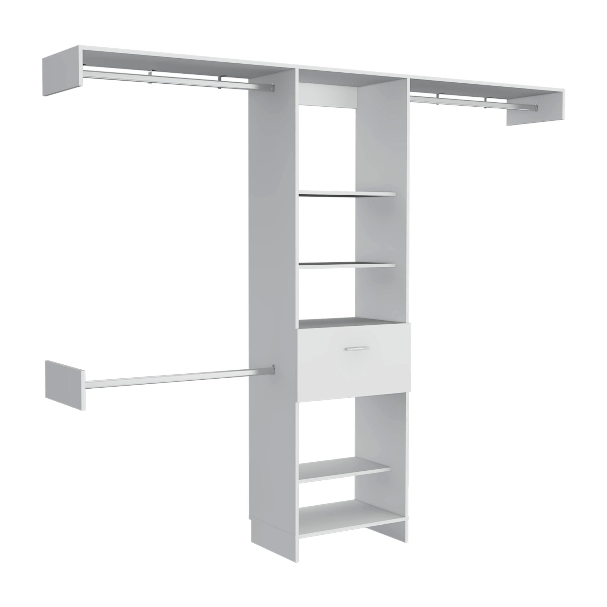 White modular closet system with shelves and hanging rod