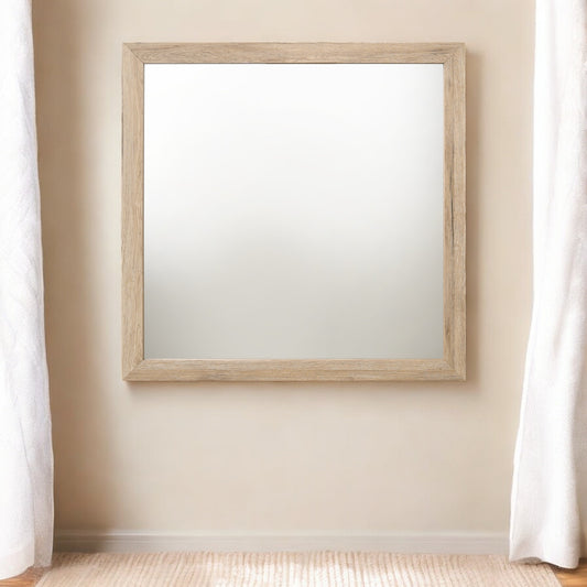 Square wood frame wall mirror light oak finish for entryway decor