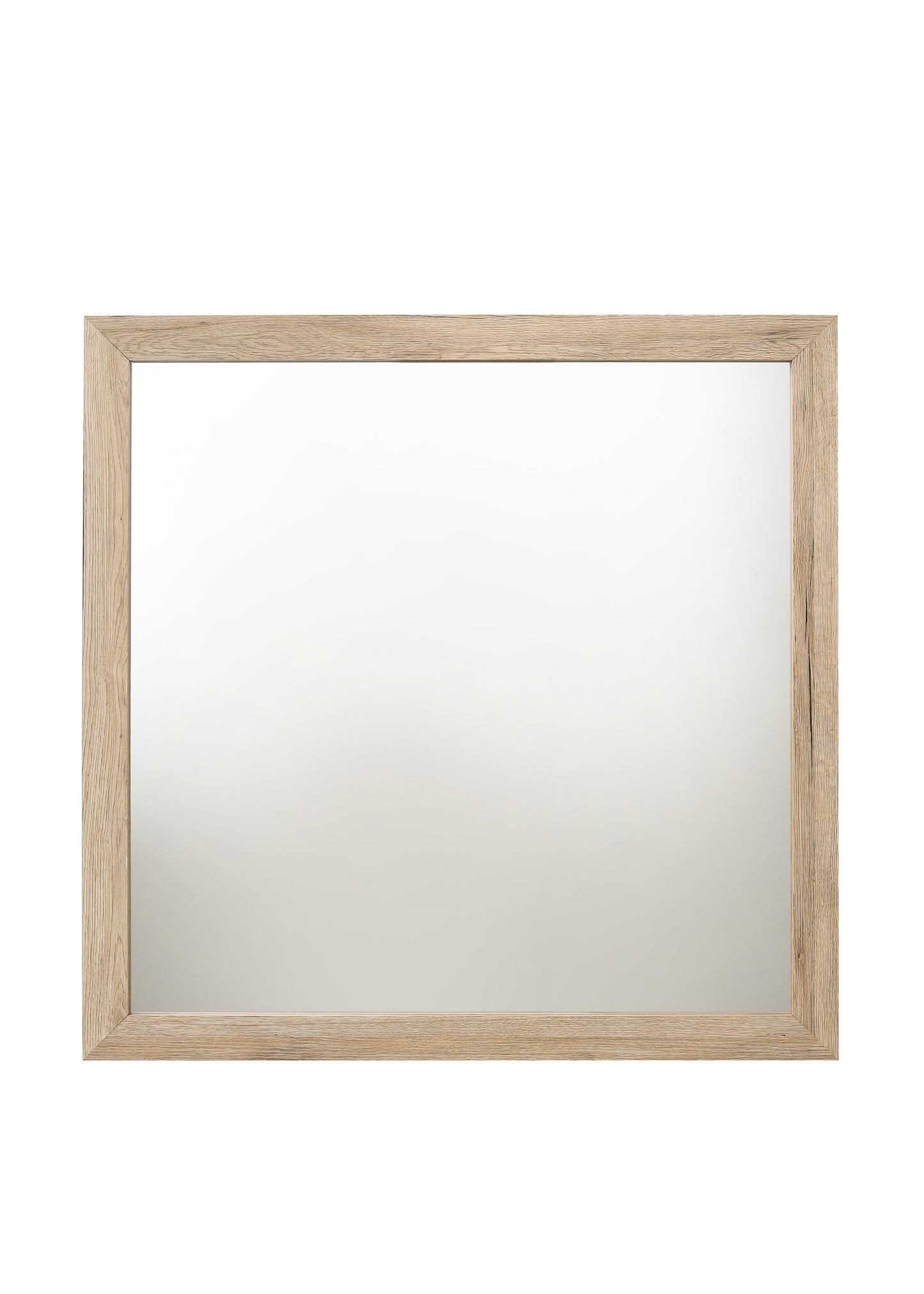 Rectangular wall mirror with a light wood grain frame