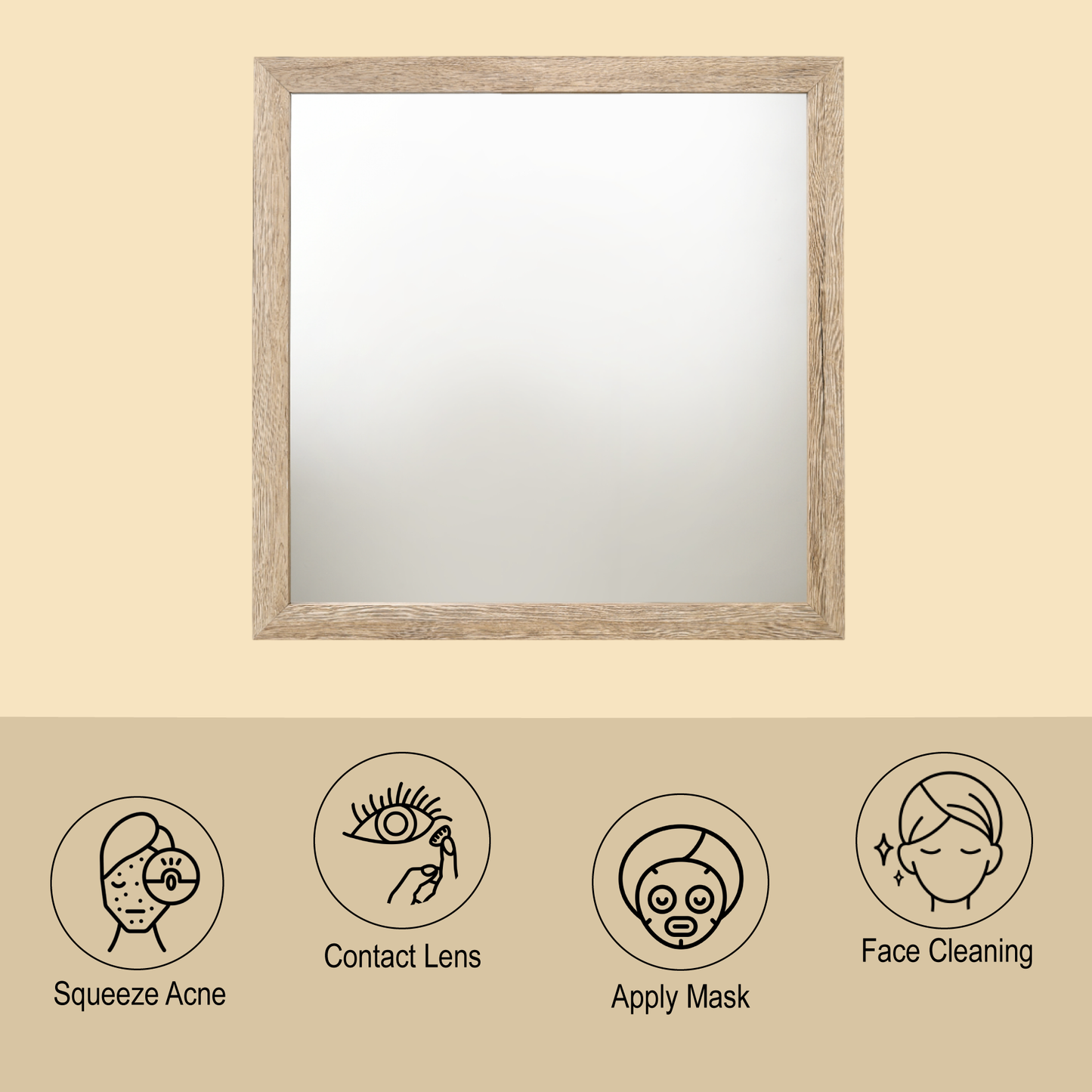 Light wood framed square vanity mirror for makeup application