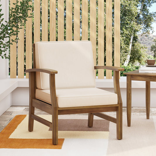 TREATLIFE HOME Club Chair with Slat Panel Design, Water-Resistant Fabric Cushion, Durable Acacia Wood, Cream Color