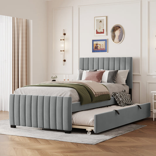 Grey velvet twin bed with pullout trundle perfect for small spaces
