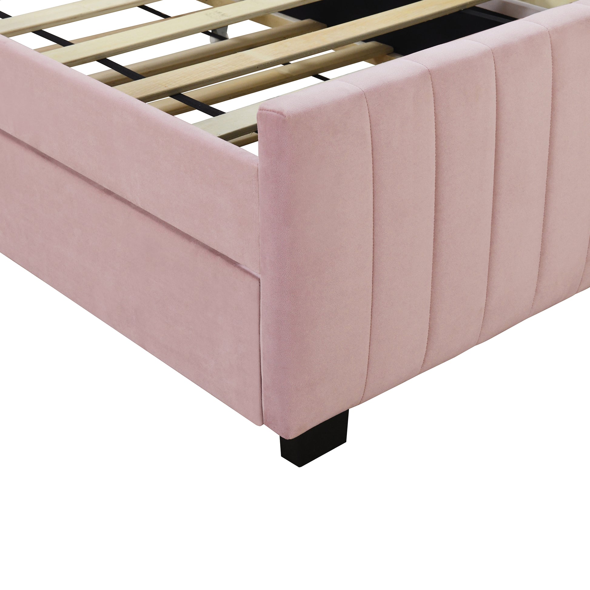 Pink velvet upholstered bed frame with channel tufting and wooden slats