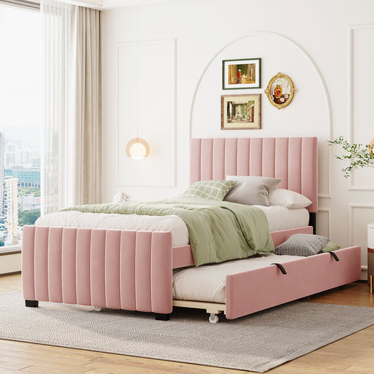 Pink velvet channel tufted twin bed with trundle