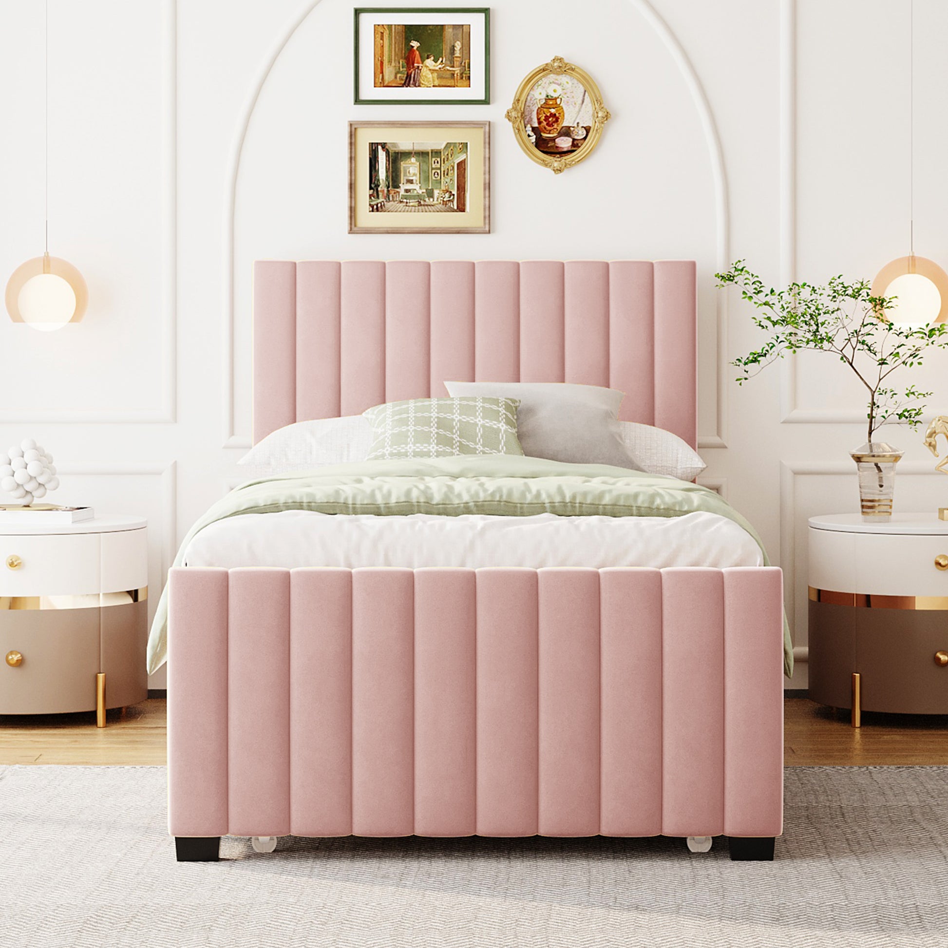 Pink velvet channel tufted bed frame with headboard and footboard