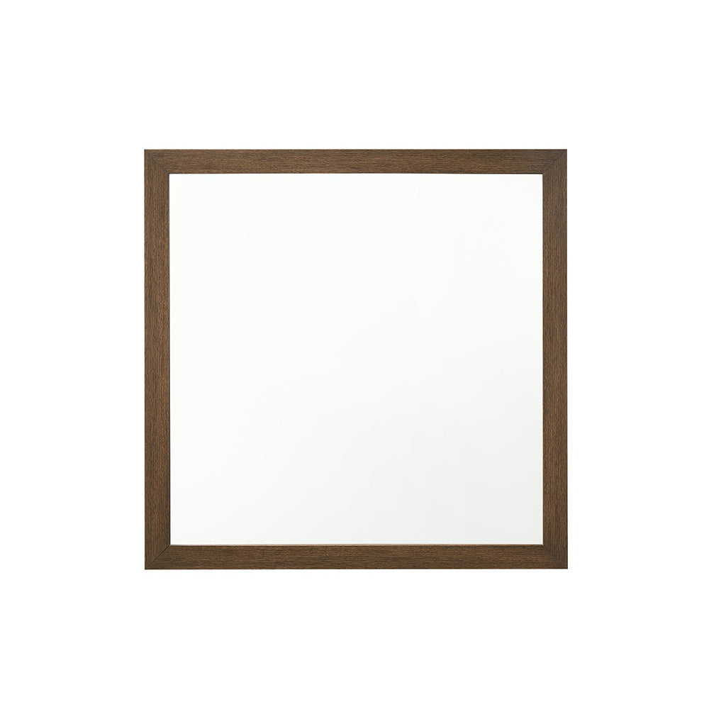 Square wall mirror with a dark wood grain frame
