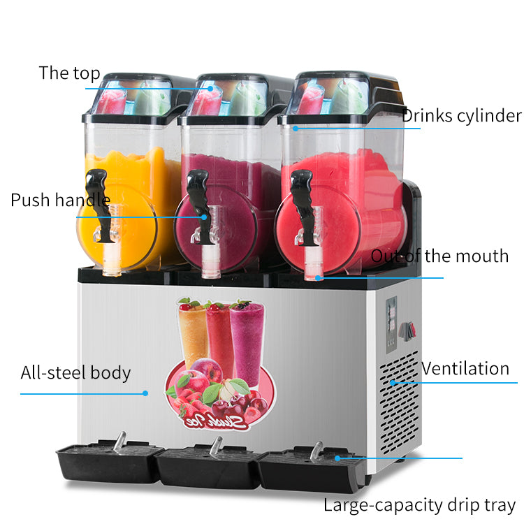 Threebowl slush machine with stainless steel body and fruit graphic