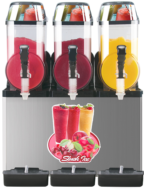 Silver bowl slush machine with red dark red and yellow frozen drinks dispensed