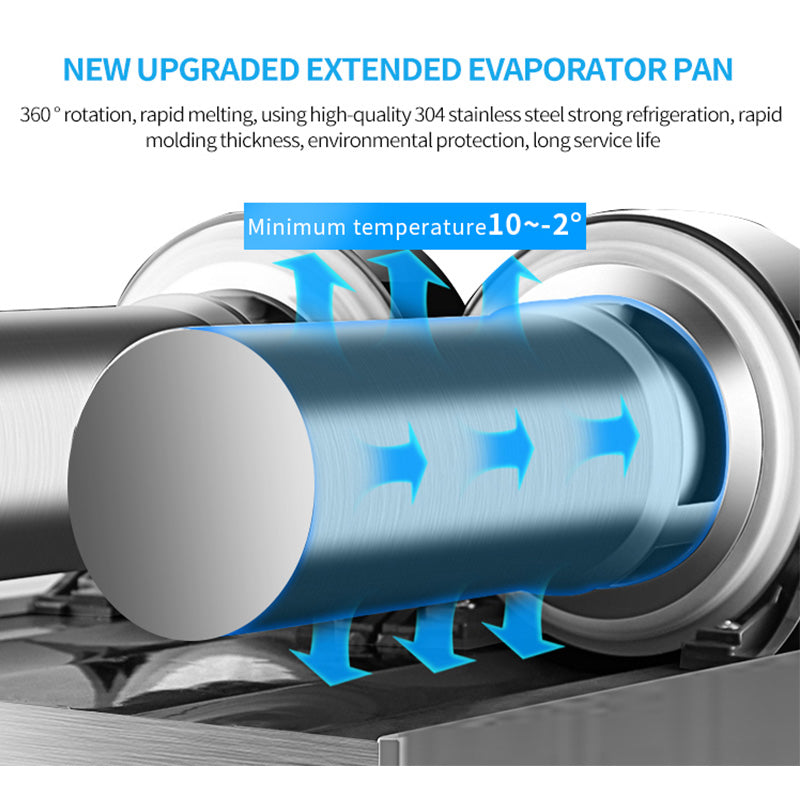 Stainless steel evaporator pan with blue airflow arrows indicating cooling minimum temperature C