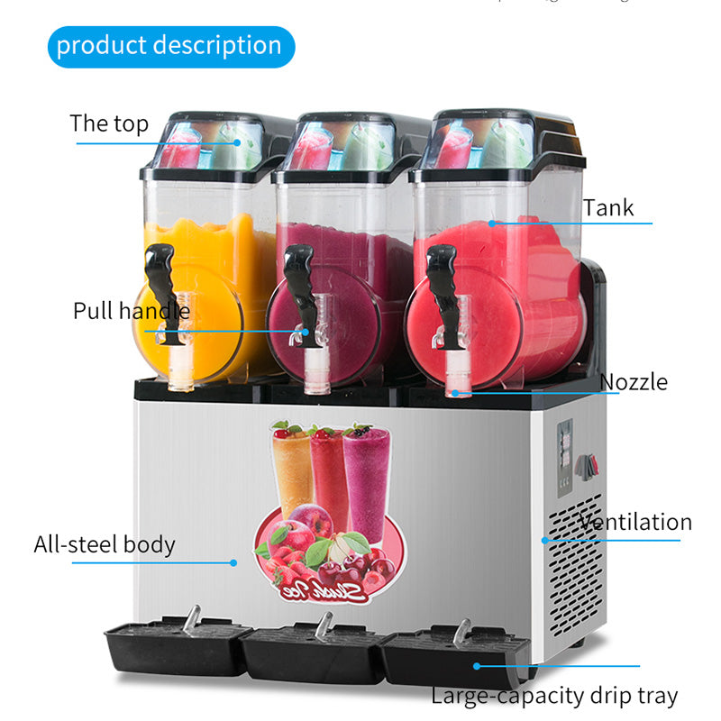 Threetank slush machine with stainless steel body and pull handles dispensing colorful frozen drinks