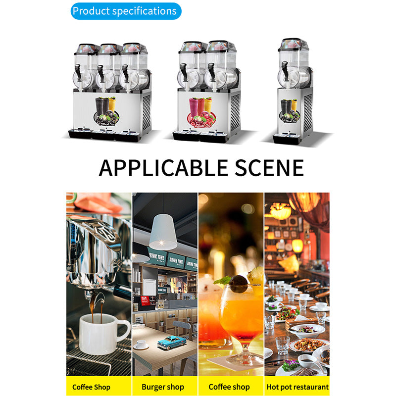 Commercial slush machine with three large dispensers and stainless steel finish