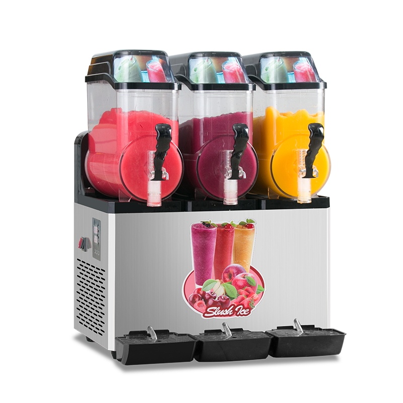 Commercial slush machine with three clear tanks filled with colorful frozen drinks
