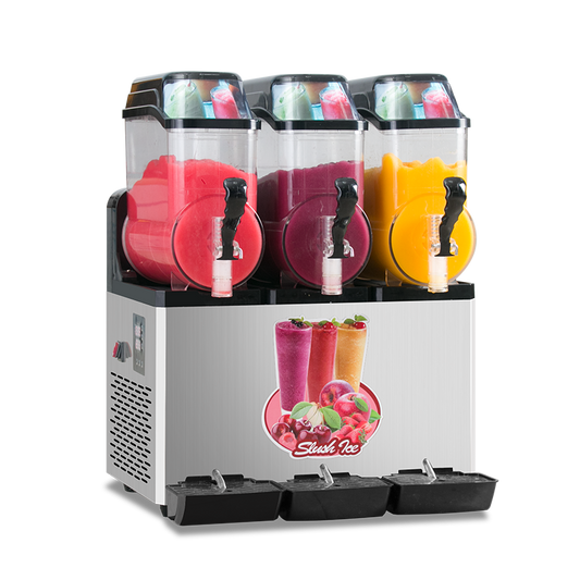Commercial slush machine with three clear tanks filled with colorful frozen drinks