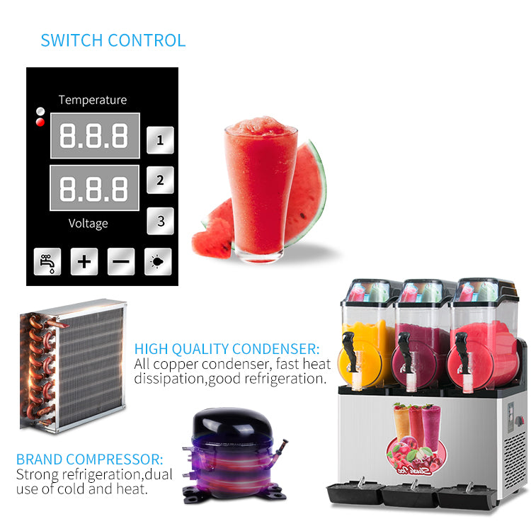 Slush machine control panel showing temperature and voltage readings