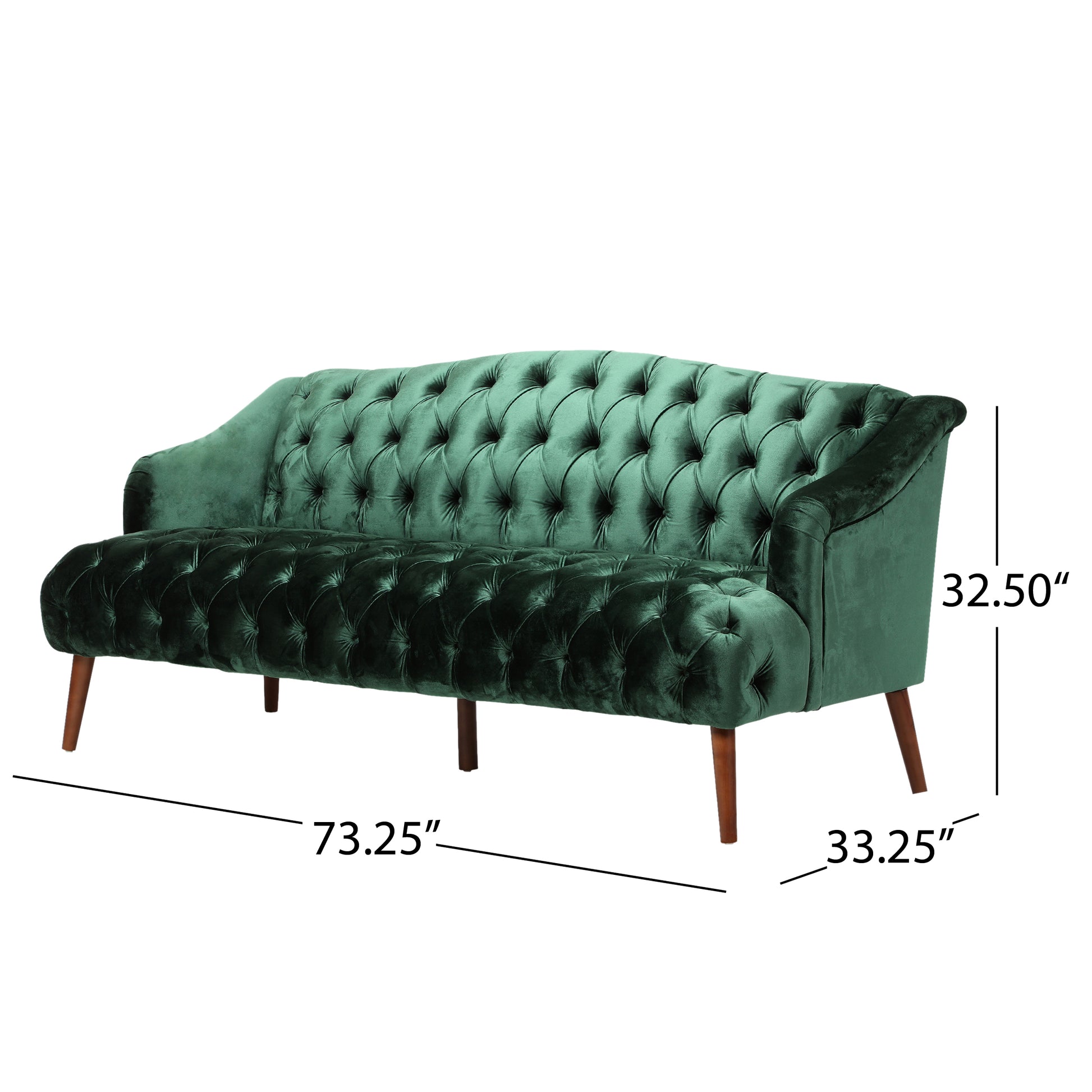Emerald green velvet chesterfield sofa with button tufting and wooden legs