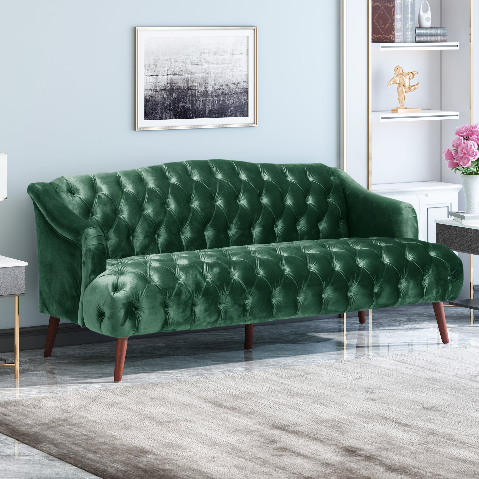 Emerald green velvet Chesterfield sofa with diamond tufting and wooden legs
