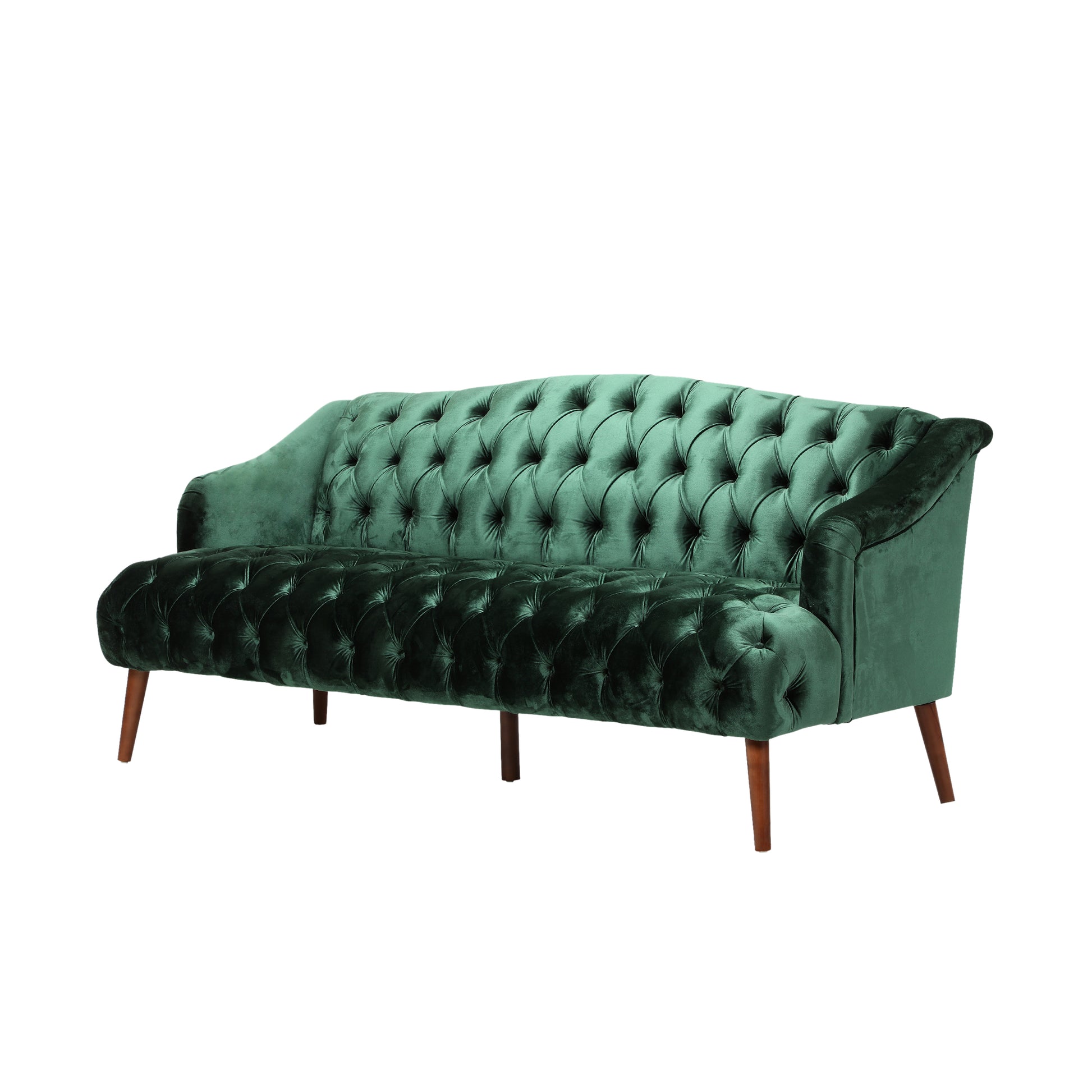Deep green velvet sofa with diamond tufting and wooden tapered legs classic style