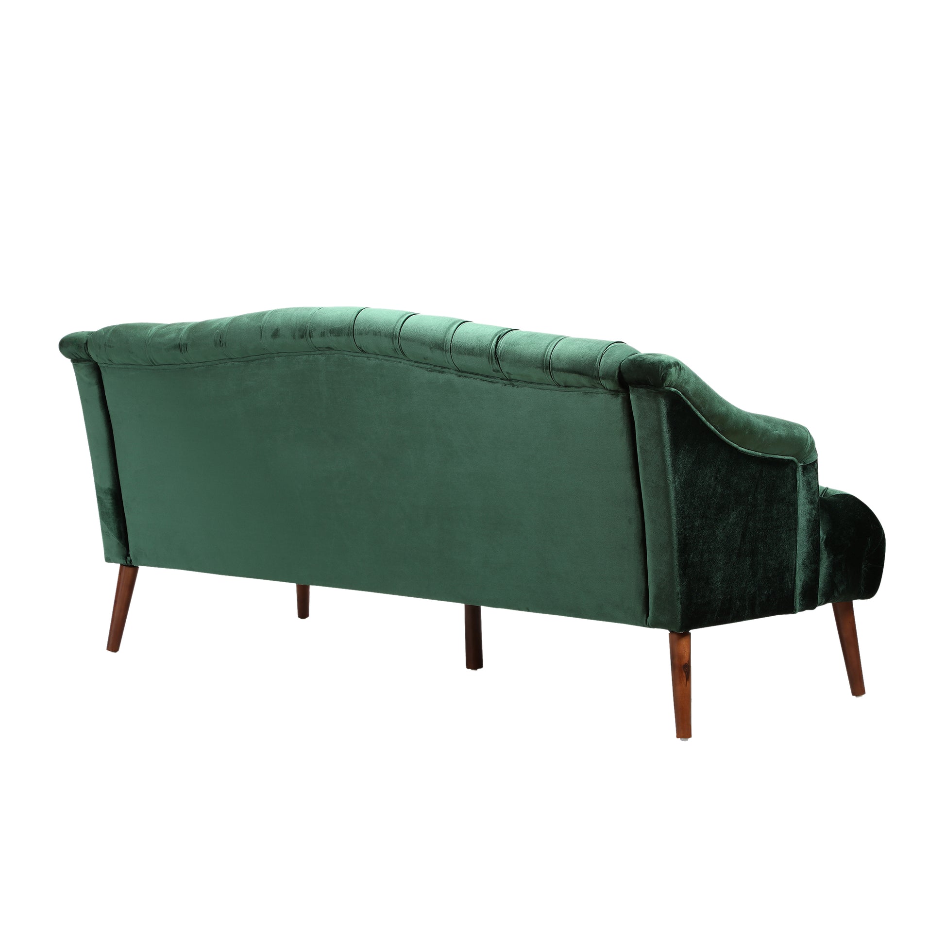 Deep green velvet Chesterfield sofa with tufted back and wooden legs
