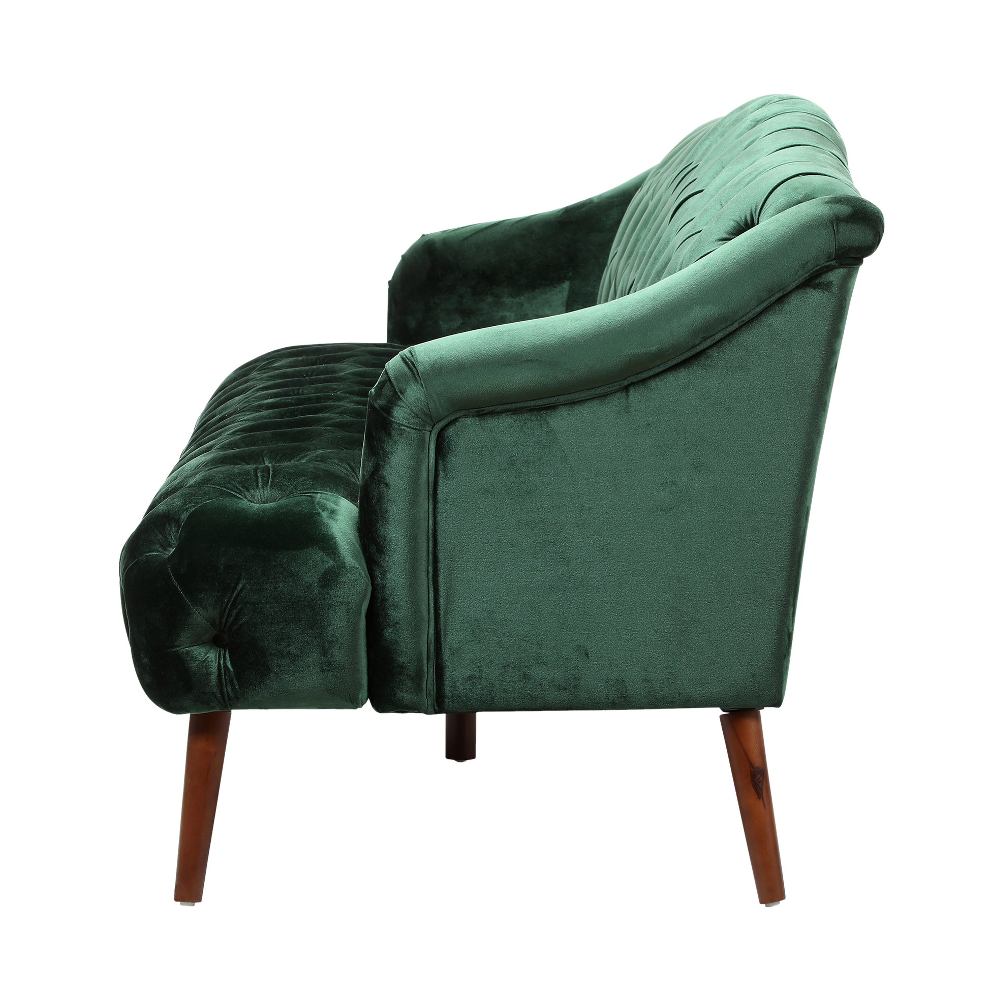 Emerald green velvet sofa with tufted seat and channeltufted backrest