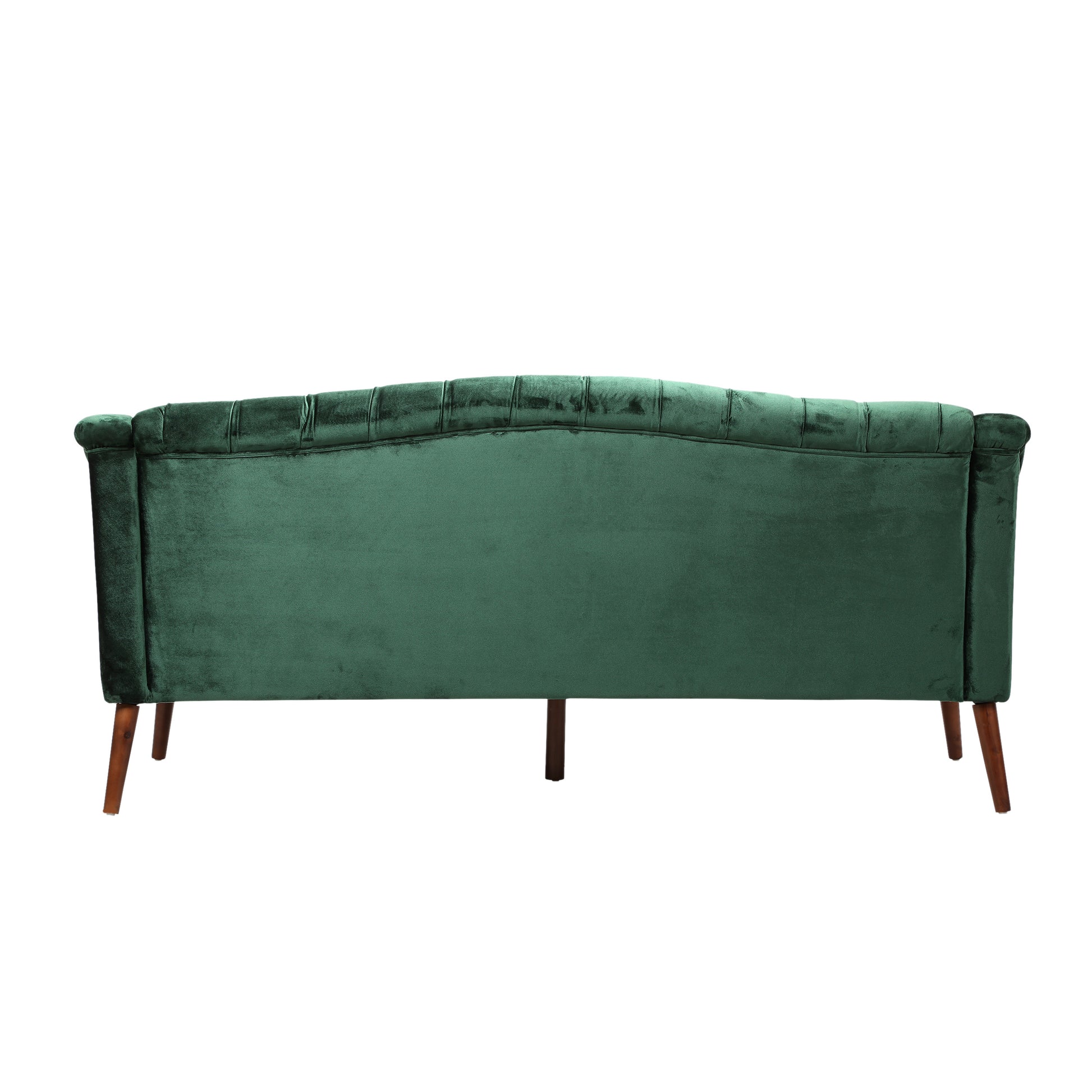 Deep green velvet sofa with button tufting and wooden tapered legs