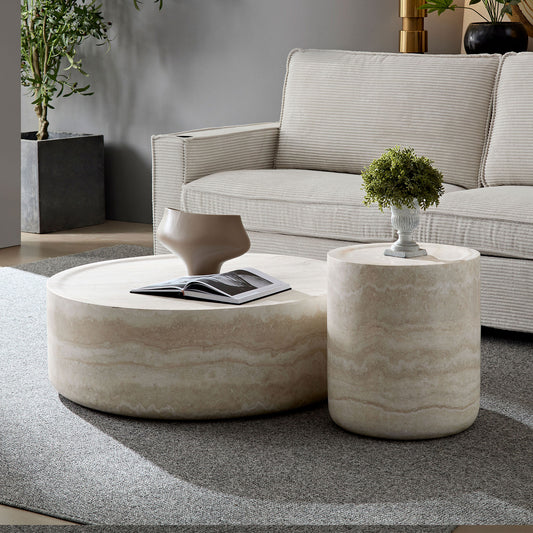 TREATLIFE HOME Set of 2 Round Faux Travertine Textured Coffee and Side Tables, No Assembly Required