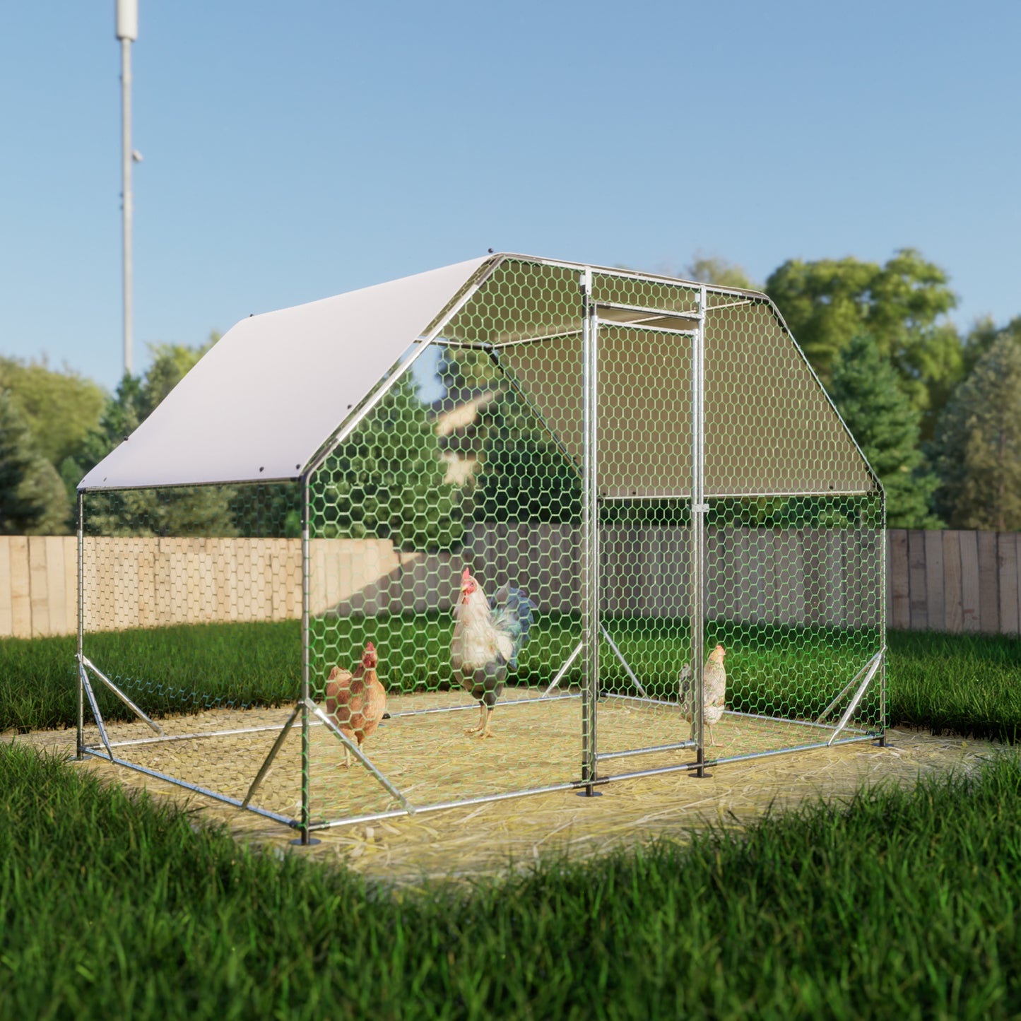 Galvanized steel chicken coop with white roof and green mesh fencing housing three chickens in a backyard