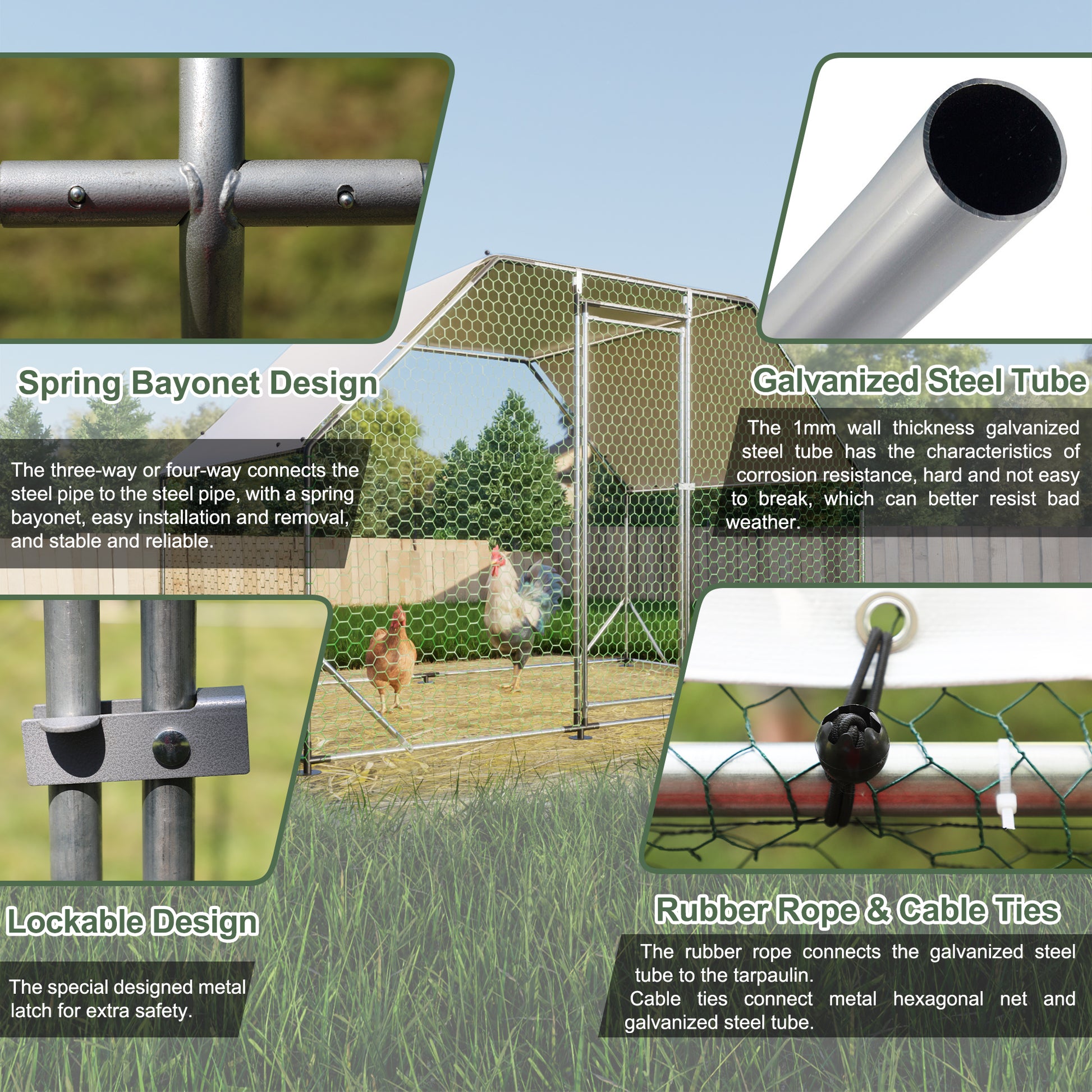 Closeup of spring bayonet design on a metal poultry coop frame