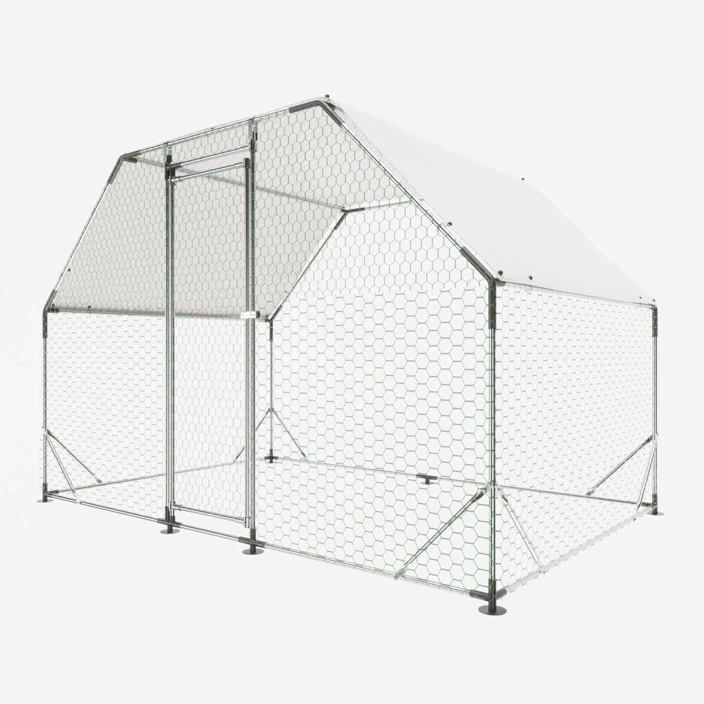 Large metal chicken coop with green mesh wire fencing and a white roof