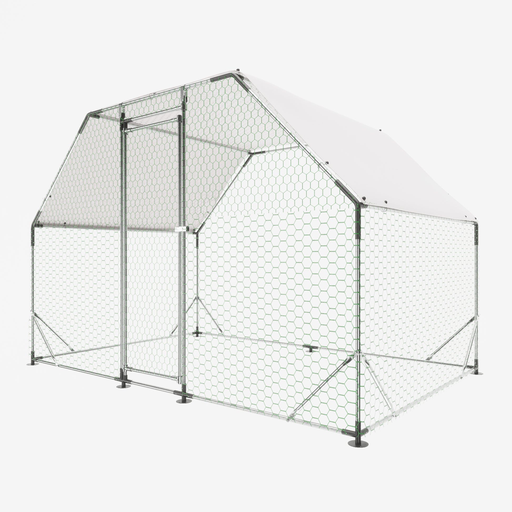 Large metal chicken coop with green mesh wire fencing and a white roof
