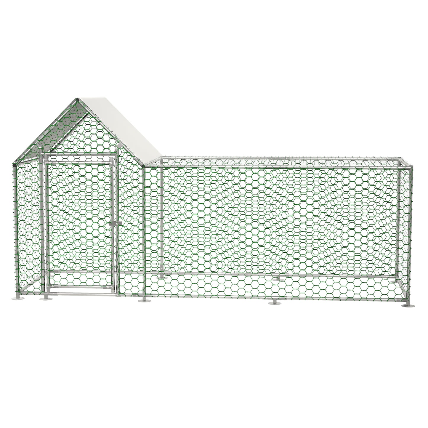 Large green hexagonal mesh chicken coop with a white roof and metal frame