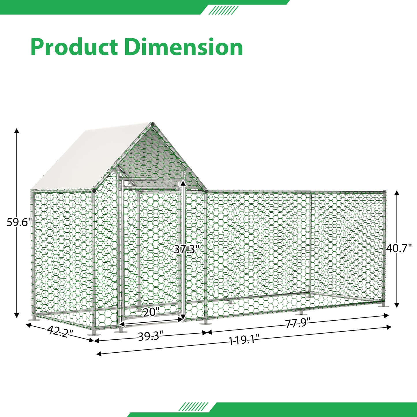 A large chicken coop with hexagonal green wire mesh and a white roof dimensions clearly labeled
