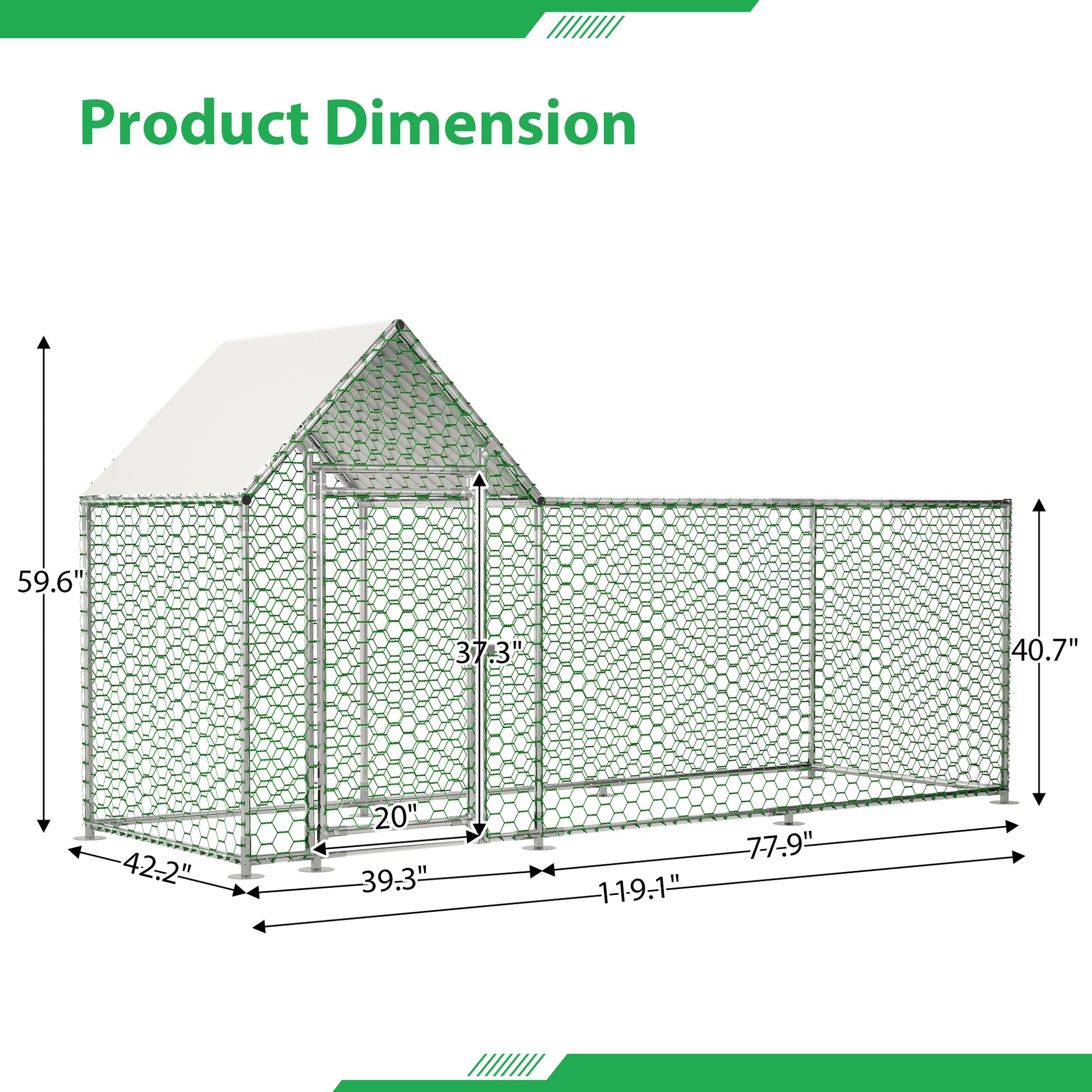 A large chicken coop with hexagonal green wire mesh and a white roof dimensions clearly labeled
