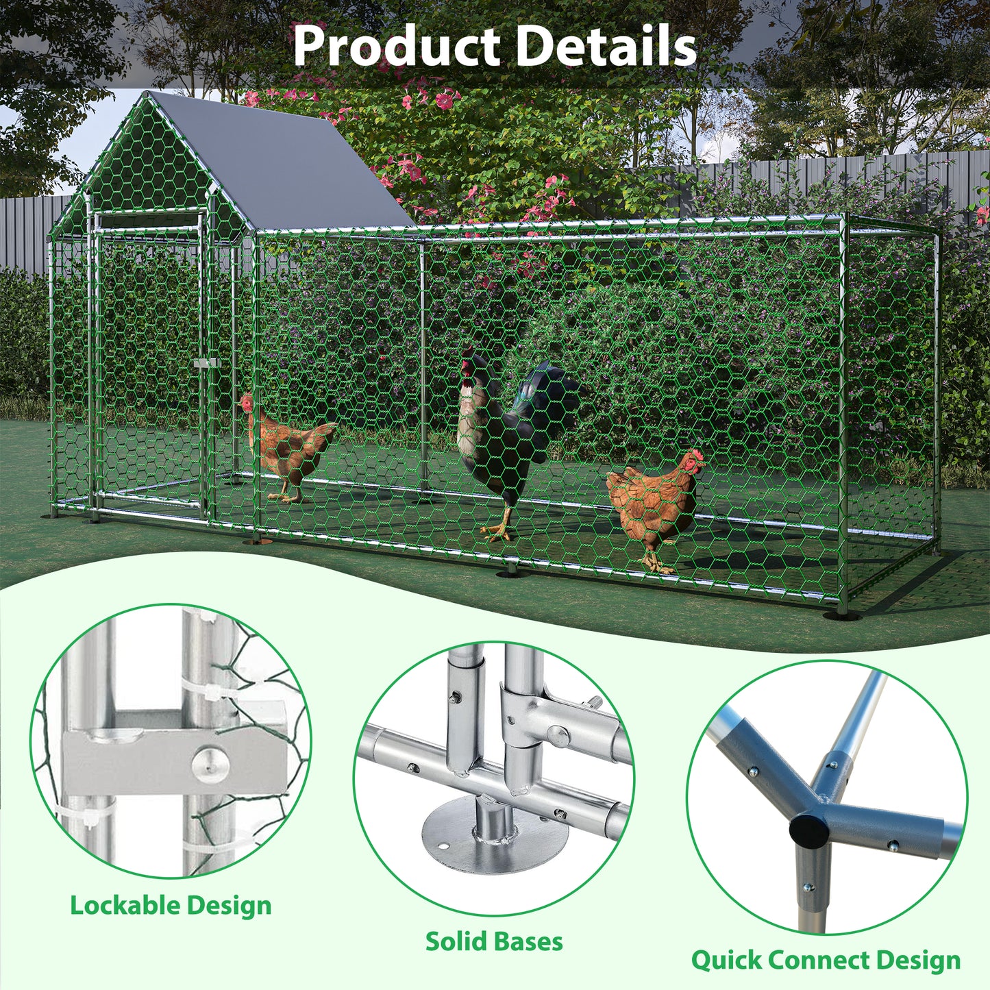 Spacious outdoor chicken coop with green hexagonal wire mesh and a gray pitched roof housing three chickens