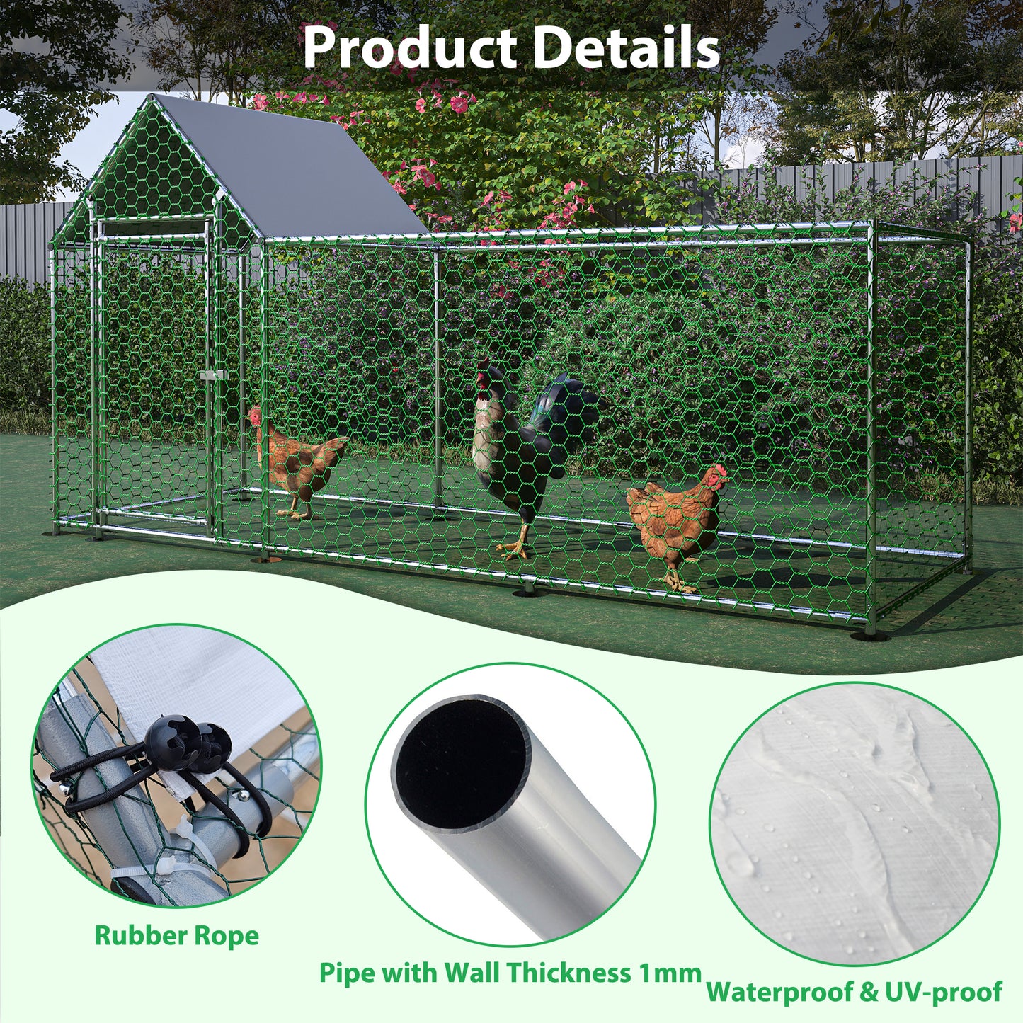 Large green hexagon mesh chicken coop with a covered roof and three chickens inside