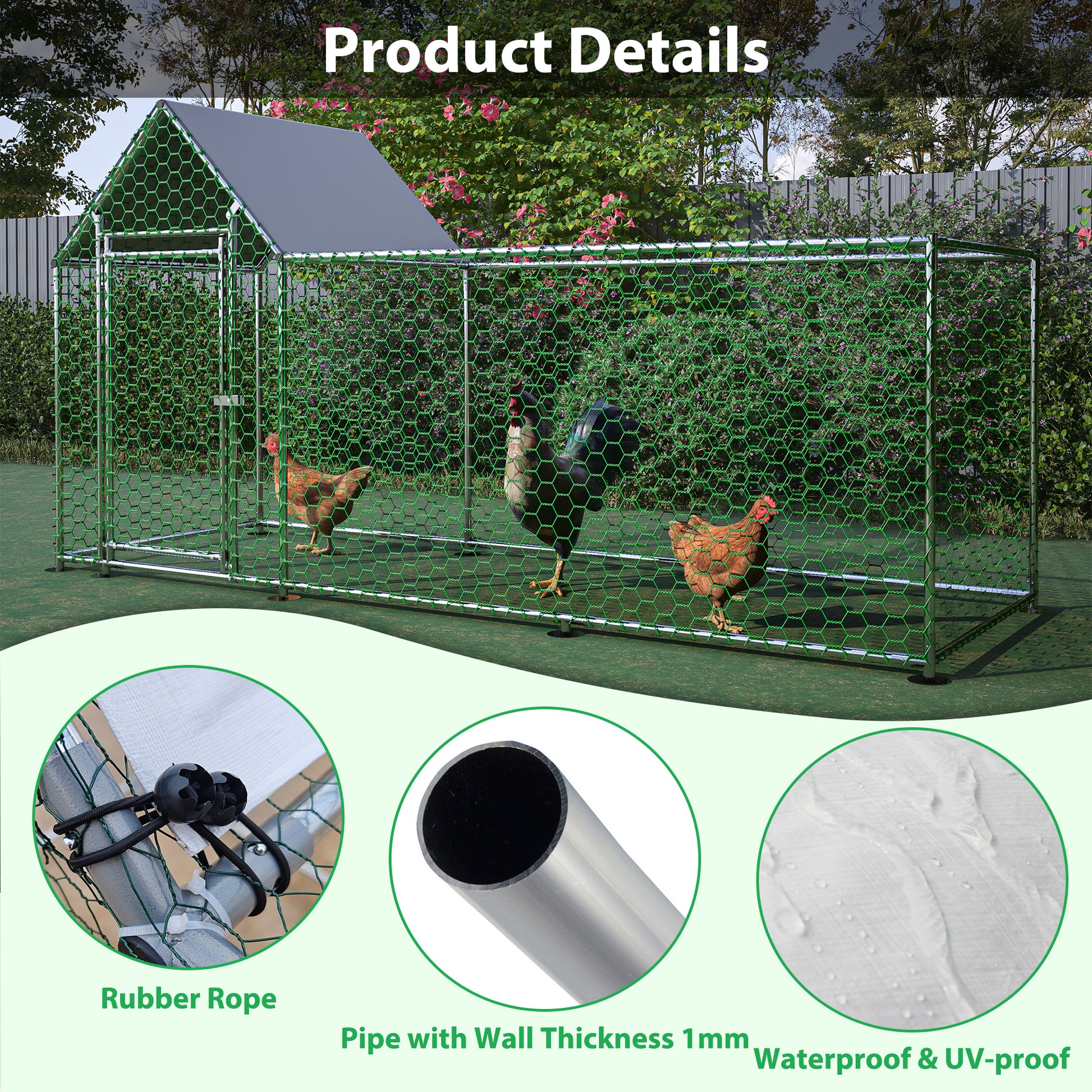 Large green hexagon mesh chicken coop with a covered roof and three chickens inside