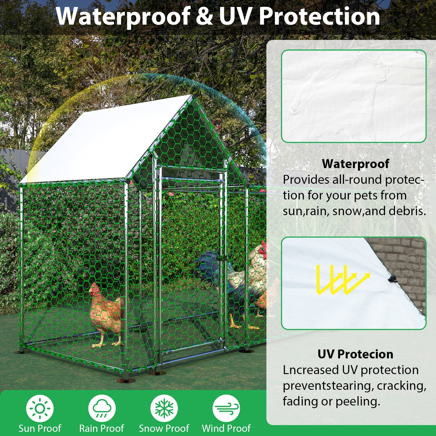 Durable green hexagonal mesh chicken coop with a white waterproof roof protecting pets from elements