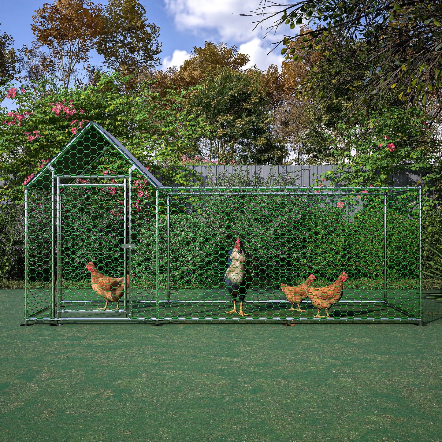 Green hexagonal mesh chicken coop with metal frame four chickens inside