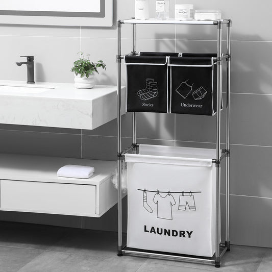 Sleek silver metal laundry hamper with three compartments for organizing clothes