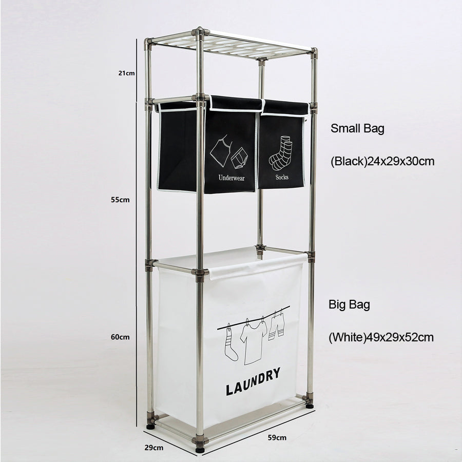 Compact laundry organizer with metal frame two black sorting bags and large white laundry bin