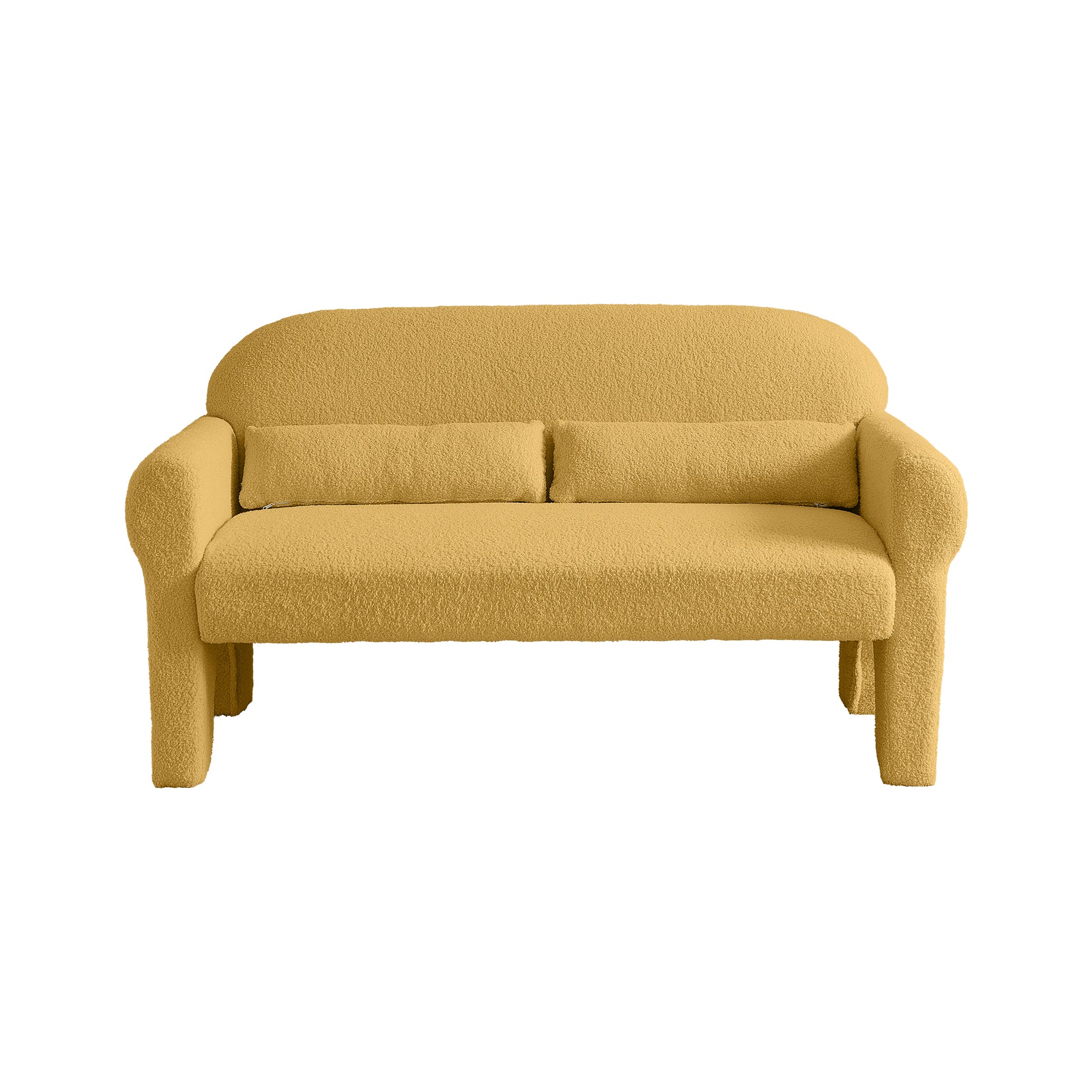 Yellow boucle twoseater sofa with plush pillows and rounded arms