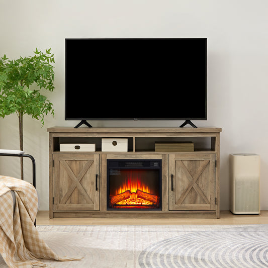 Rustic wood TV stand with electric fireplace and barn doors