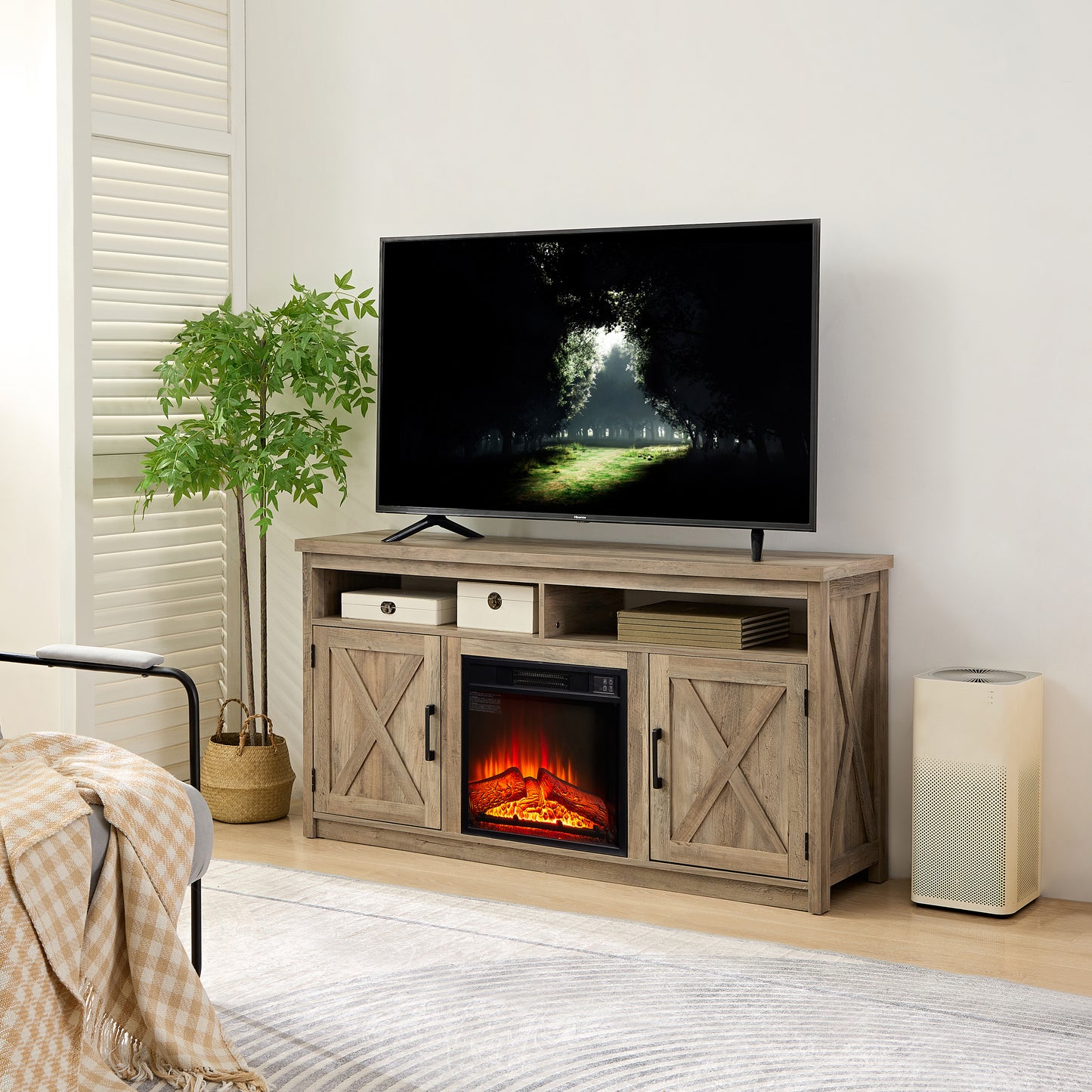 Rustic brown electric fireplace TV stand with double barn doors