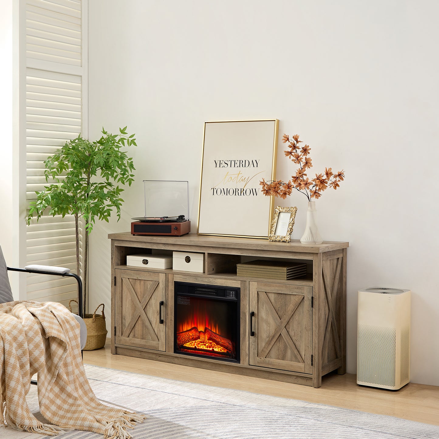 Rustic oak entertainment center with fireplace and xbrace doors