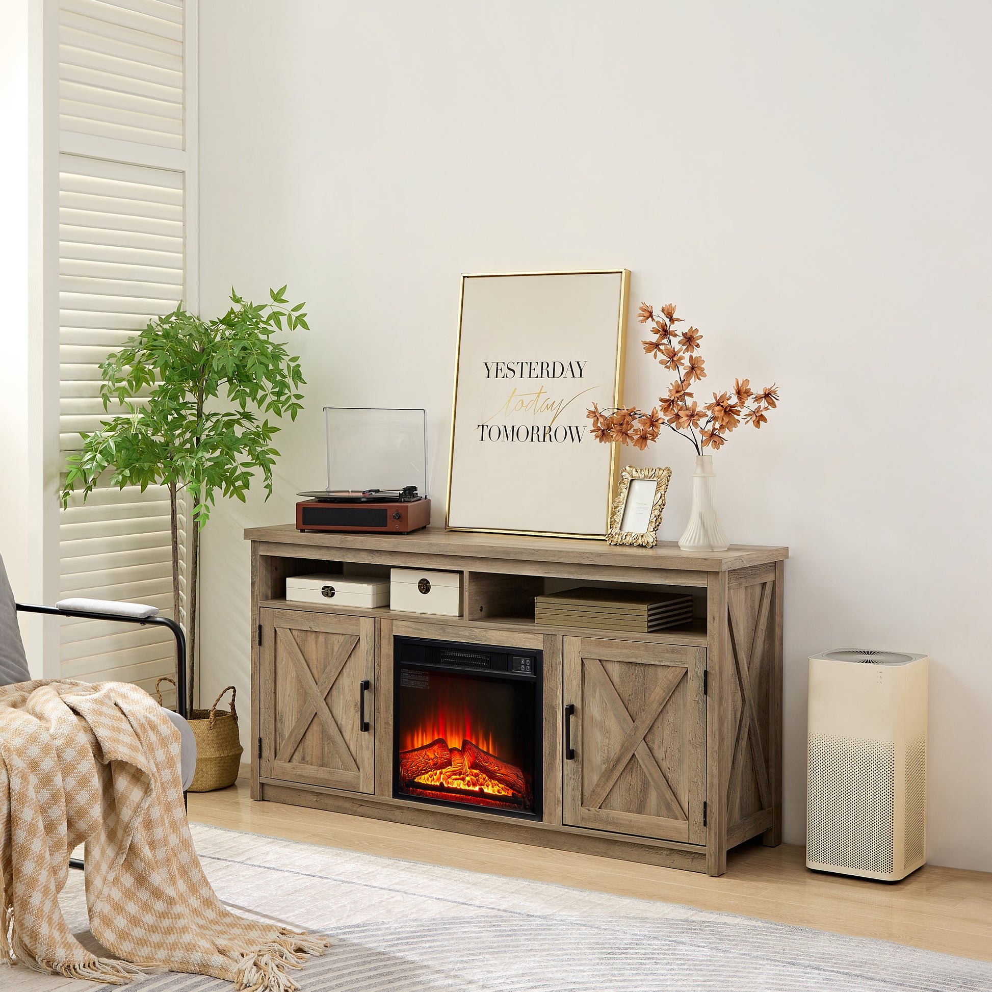 Rustic oak entertainment center with fireplace and xbrace doors