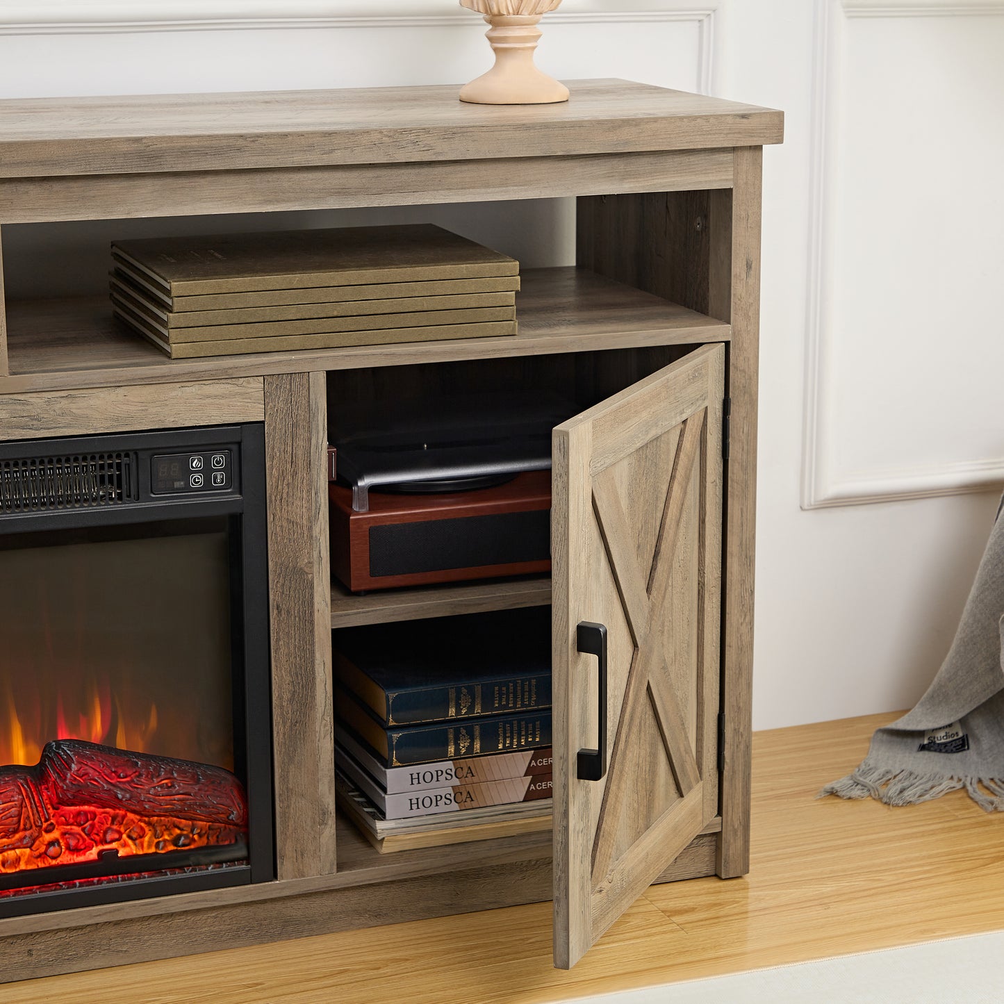 Rustic oak media console with electric fireplace and storage cabinet perfect for living rooms