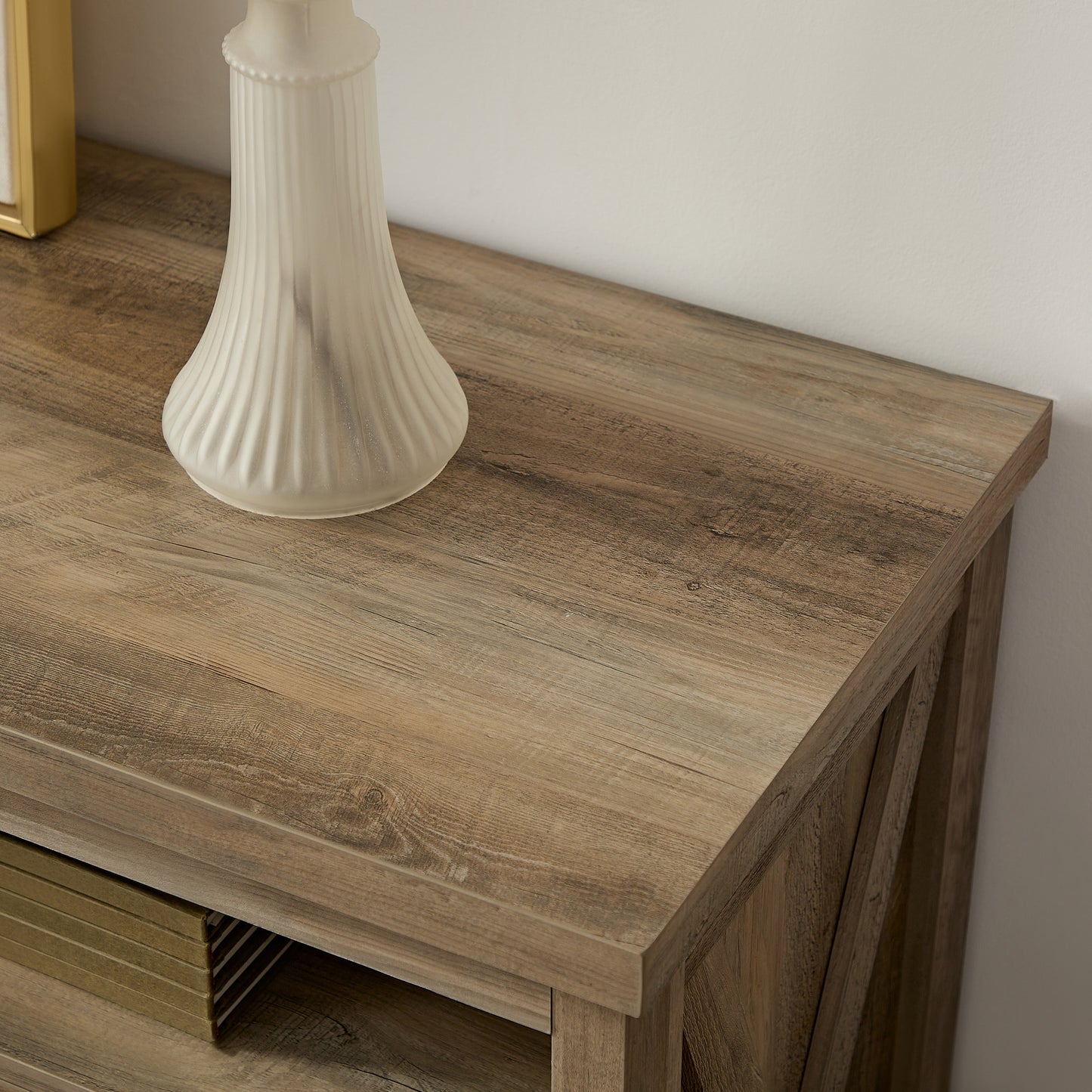 Rustic oak wood console table top with ribbed glass lamp detail